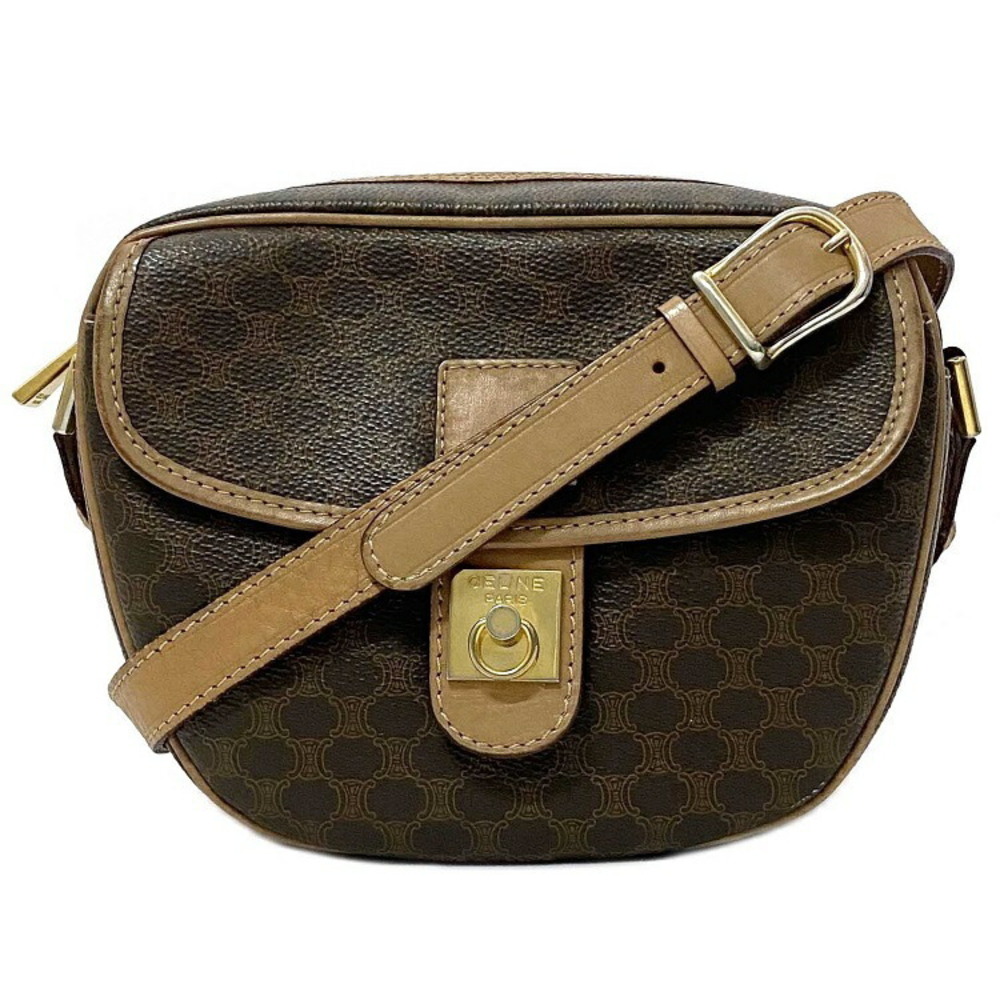Celine Shoulder Bag Brown Beige Macadam Leather Zipper Crossbody